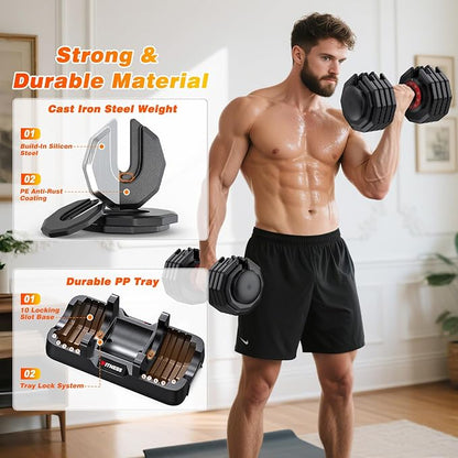 XDDIAS Adjustable Dumbbell Set of 2, 25/55/80/90LB Dumbbell Set- 1-Hand Fast Adjustment with Anti-Slip Handle, Compact Free Weights Dumbbells Set for Men/Women Home Gym Strength Training Equipment