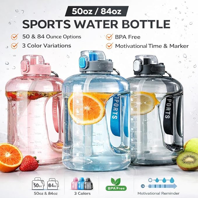 50oz & 84oz Motivational Water Bottle - Time-Marked, Leak Proof & BPA free. 2-in-1 Lid with Straw, Food-Grade Tritan. Half Gallon Sized, Ideal for Gym, Fitness & Outdoor Activities (50oz, U-Grey)