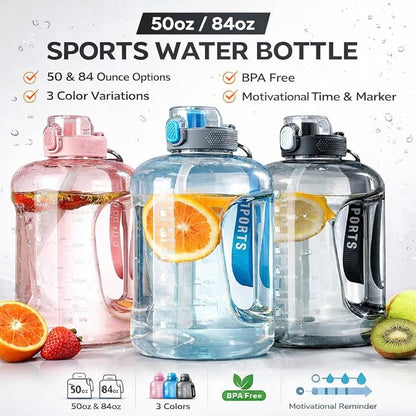 50oz & 84oz Motivational Water Bottle - Time-Marked, Leak Proof & BPA free. 2-in-1 Lid with Straw, Food-Grade Tritan. Half Gallon Sized, Ideal for Gym, Fitness & Outdoor Activities (50oz, U-Blue)