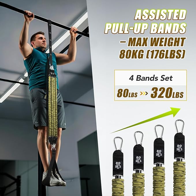 Pull Up Assistance Bands with Foot Support Pedal - Upgraded Heavy Duty Resistance Bands Adjustable Weight/Height with 80Lbs Bands&Measured Strap for Strength Training Home Gym