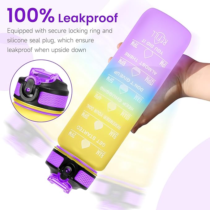 32 oz Motivational Water Bottle with Time Marker,Water Bottles with Times to Drink and Straw with Carrying Strap,Perfect For Fitness Gym Outdoor,BPA Free (Colorful)