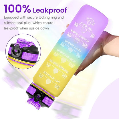 32 oz Motivational Water Bottle with Time Marker,Water Bottles with Times to Drink and Straw with Carrying Strap,Perfect For Fitness Gym Outdoor,BPA Free (Colorful)