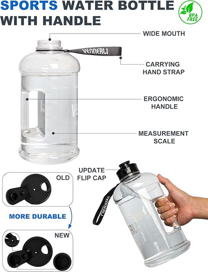 VENNERLI Portable Large Plastic Water Bottle - BPA-free Half Gallon Reusable 2 Liter Water Jug for Outdoor Hiking Fitness Travel Camping Cycling