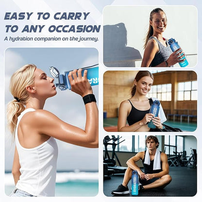 Water Bottle, 32oz Sports Water Bottles with Time Marker Wide Mouth, Motivational and Leakproof Drink Bottle, BPA Free Tritan with Carry Strap for Gym Fitness Outdoor (1 Bottle)