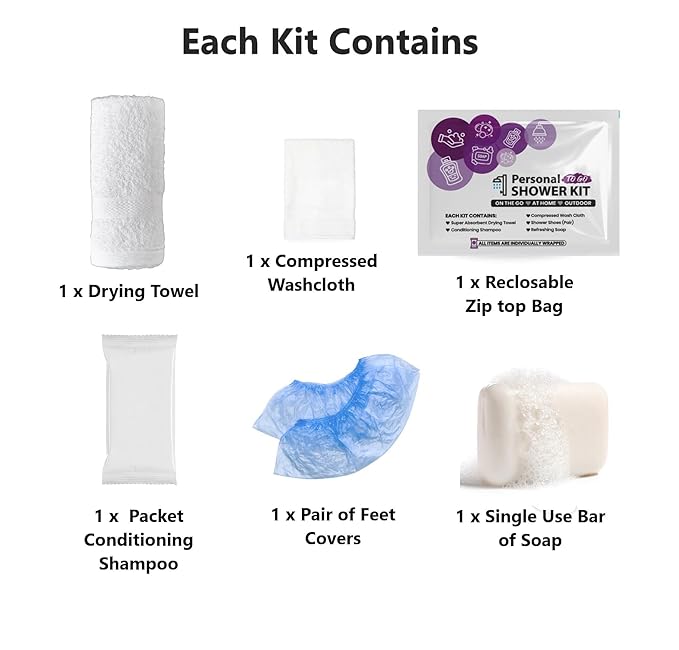 Compact Personal Shower Kit To-Go– Your Hygiene Companion for Travel, Gym, Camping | Shower on the Go | Shampoo, Soap, Towel. All in One (100)