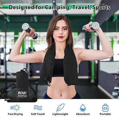 BOGI Microfiber Travel Sports Towel-Quick Dry Towel, Soft Lightweight Microfiber Camping Towel Absorbent Compact for Camping Gym Yoga Swimming Backpacking (L:60''x30''+16''x16''-Black)