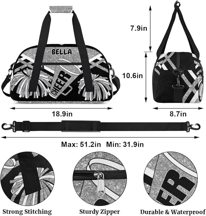 Personalized Cheerleading Dance Bag Girls, Sports Bag Gym Sport Duffel Bag Weekender Bags Travel Dancing Lightweight Bag, Silver Black Glitters