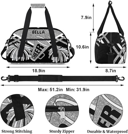 Personalized Cheerleading Dance Bag Girls, Sports Bag Gym Sport Duffel Bag Weekender Bags Travel Dancing Lightweight Bag, Silver Black Glitters