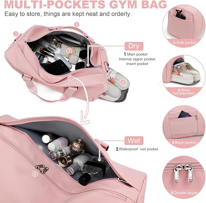 NOL Waterproof Gym Duffle Bag for Men & Women with Shoe & Wet Compartments, Multiple Pockets | Adjustable Shoulder Strap for Sports, Travel, Fitness, Workout & Hospital Use, Pink