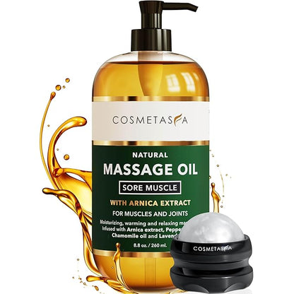 Cosmetasa Massage Oil for Sore Muscle Massage Therapy with Roller - All Natural, Cruelty-Free Massage Oils for Muscle Relaxing & Joint Comfort - Arnica Extract with Lavender & Chamomile Oil (8.8 oz)