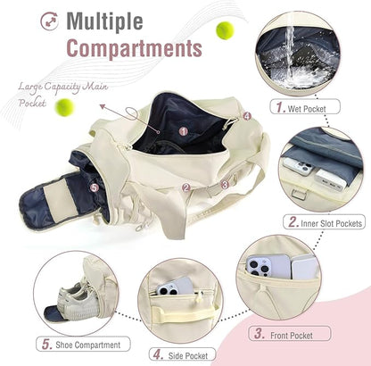 MOSISO Gym Bag for Women, Travel Duffle Weekender Overnight Workout Carry on Small Tote Sport Gym Duffle Bag with Shoe Compartment&Wet Pocket&Water Bottle Holder for Fitness, Yoga, Weekend, Beige