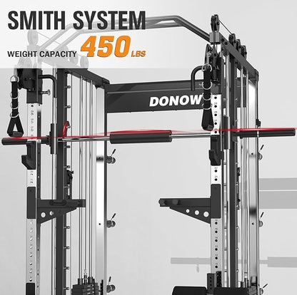 DONOW Smith Machine with Weight Stacks, Heavy Duty Home Gym System Power Cage Cable Crossover Machine Multi-Functional Trainer Ratio 1:1