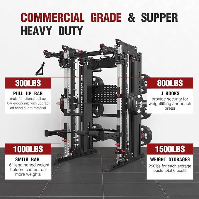FAGUS Commercial Smithe Machine with Dual Weight Stacks, Power Cage Squat Rack with Lever Arm & Leg Press Attachment, Multi-Function Linear Bearing Cable Crossover Machine for Home Gym