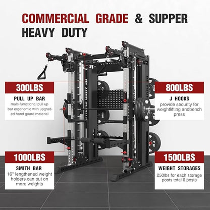 FAGUS Commercial Smithe Machine with Dual Weight Stacks, Power Cage Squat Rack with Lever Arm & Leg Press Attachment, Multi-Function Linear Bearing Cable Crossover Machine for Home Gym