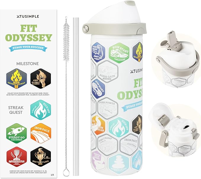 24 oz Motivational Insulated Stainless Steel Water Bottle for Sports, Gym & Travel, 2-in-1 Push-Button Spout & Quick-Flip Straw, Leak-Proof BPA-Free, Keeps Cold 30H, with DIY Fitness Stickers