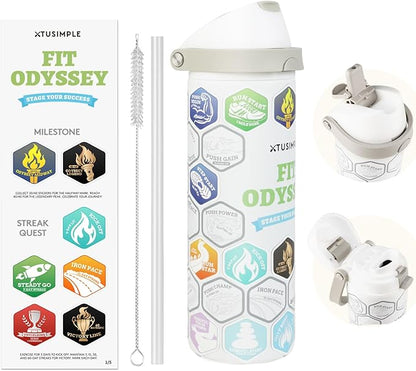 24 oz Motivational Insulated Stainless Steel Water Bottle for Sports, Gym & Travel, 2-in-1 Push-Button Spout & Quick-Flip Straw, Leak-Proof BPA-Free, Keeps Cold 30H, with DIY Fitness Stickers