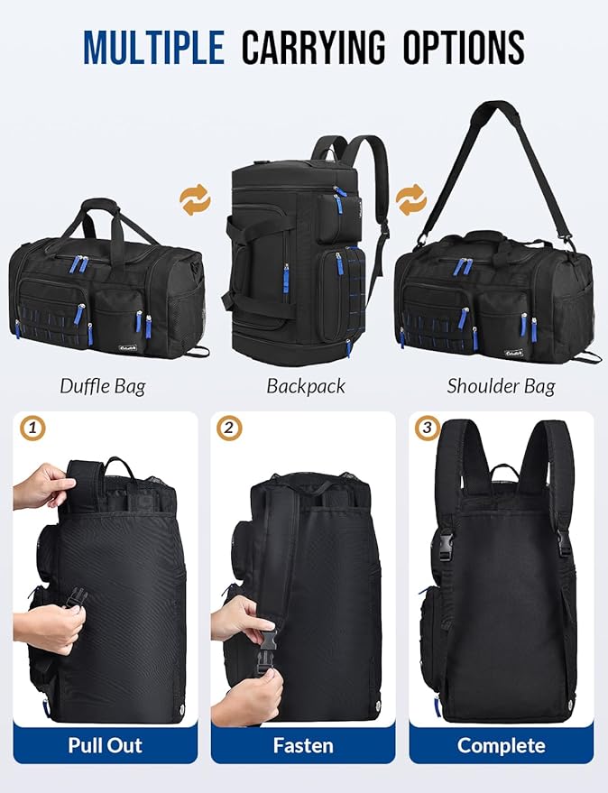 Gym Bag for Men Women with Shoes Compartment 3-in-1 Sports Travel Duffel Bag Multipurpose Weekender Overnight Backpack with Wet Pocket - Black