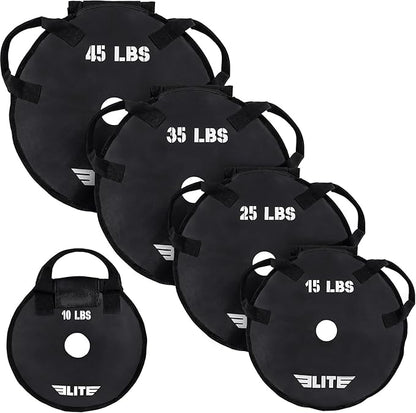 Elite Sports UNFILLED Workout Sand Plates (Set of 2) – EMPTY Fillable Olympic Weight Plates for Barbell Training – Drop-Proof Waterproof TPU – 10/15/25/35/45 LB Options – Strength, CrossFit, Home Gym & Functional Fitness