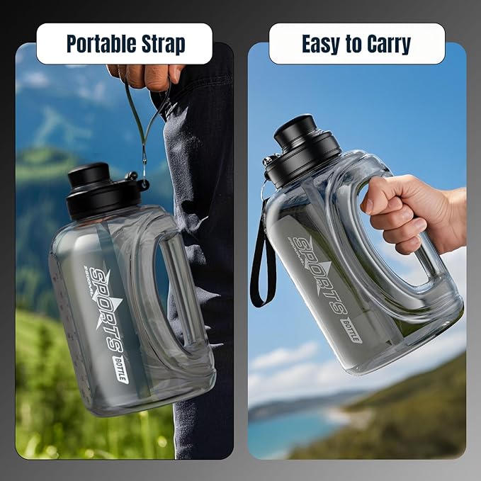 Half Gallon Water Bottle, 95 OZ/2.8 L Water Jug with Straw, Large Water Bottle with Portable Handle, Big Water Jug with Portable Strap for Drinking and Sports Outdoor Gym (Black-2)