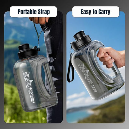 Half Gallon Water Bottle, 95 OZ/2.8 L Water Jug with Straw, Large Water Bottle with Portable Handle, Big Water Jug with Portable Strap for Drinking and Sports Outdoor Gym (Black-2)