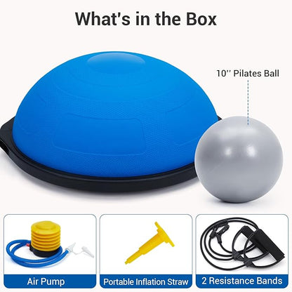 Half Balance Ball Trainer Textured Non-Slip Base for Unshakeable Stability, Includes 2 Resistance Bands + Pump & Bonus Ball - Ultimate Home Gym & Therapy Powerhouse for Every Athlete