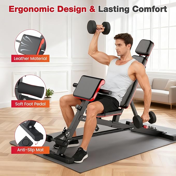 ALSO GO Adjustable Weight Bench, Workout Benches with Leg Extension & Extended Headrest, Foldable Incline Decline Bench Press, Roman Chair, Full Body Strength Training Equipment for Home Gym