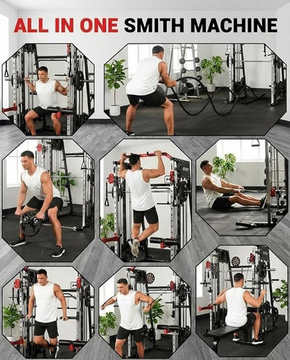 Smith Machine Home Gym All-in-1, 2200LBS Power Cage with Dual Cable Pulley Systems, LAT Pull-Down & Leg Hold-Down | Complete Strength Training Equipment for Full Body Workouts