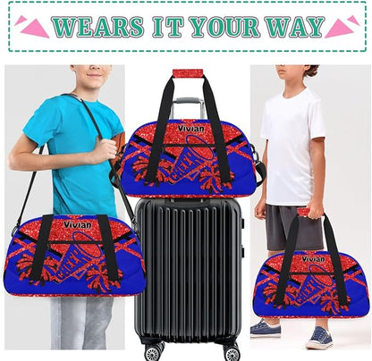 Personalized Sports Cheer Duffel Bag, Custom Sport Gym Bag Large Compartment Cheerleaders Dance Bag Weekender Bags Travel Training Bag for men, Red Sequins Glitter Black Royal Blue