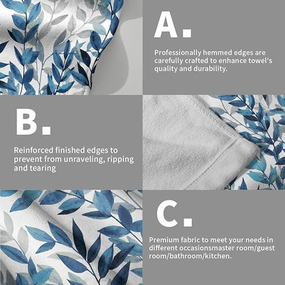 Blue Eucalyptus Hand Towels Set of 2 Spring Floral Watercolor Leaves Kitchen Towel Botanical Plant Blue White Leaves Decorative Super Soft Face Towels for Bathroom Home Hotel Gym