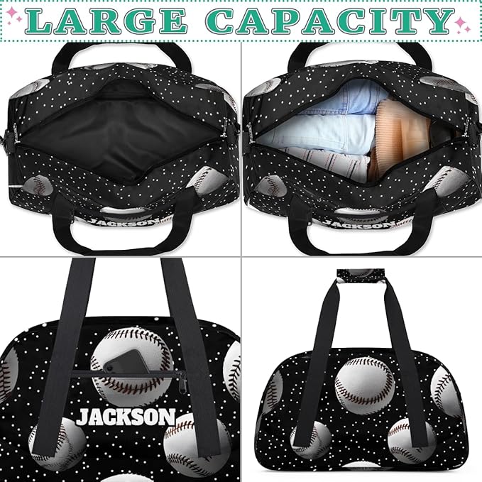 Personalized Baseball Gym Duffel Bags for Kids Boys with Custom Name Sport Training Travel Bags for Overnight Weekender, Black White