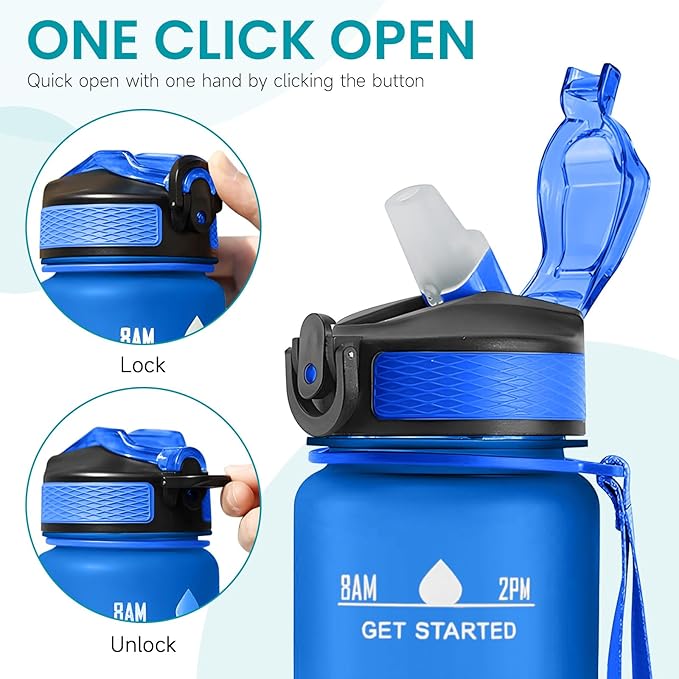 32 oz Water Bottles with Times to Drink and Straw, Motivational Water Bottle with Time Marker, Leakproof & BPA Free, Drinking Sports Water Bottle WIth Hand Strap for Fitness, Gym & Outdoor (blue)