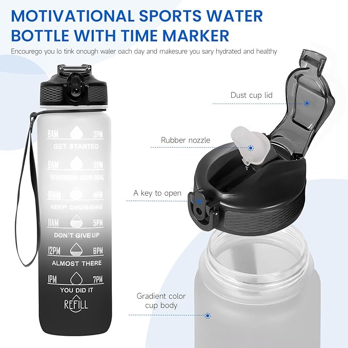 32 oz Water Bottles with Times to Drink and Straw, Motivational Water Bottle with Time Marker, Leakproof & BPA Free, Drinking Sports Water Bottle WIth Hand Strap for Fitness, Gym & Outdoor (white)