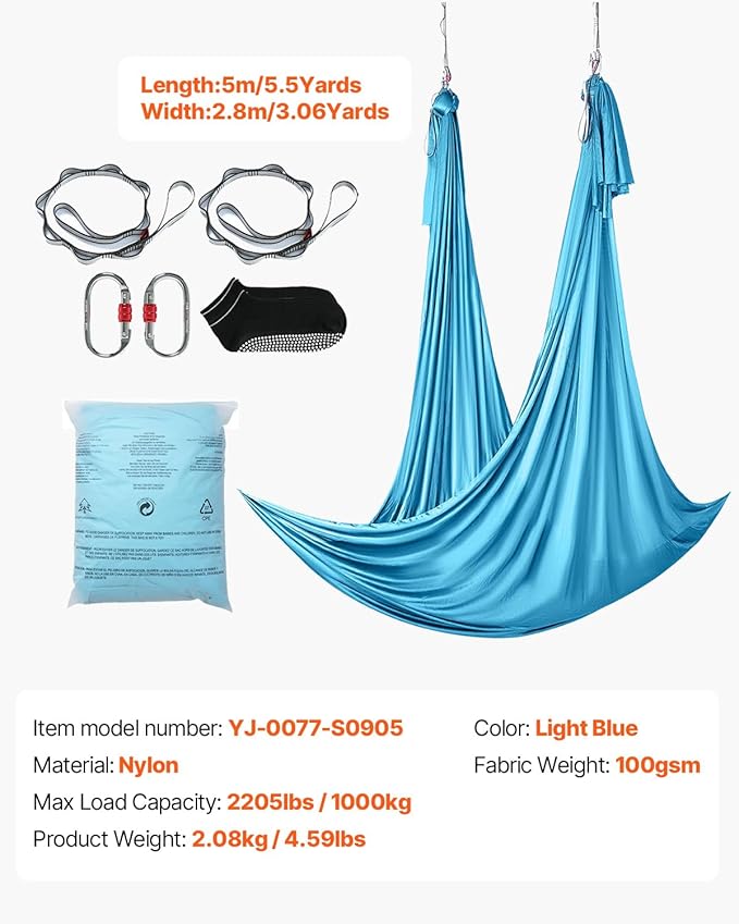 VEVOR Aerial Silk & Yoga Swing, Aerial Yoga Hammock Kit with 100gsm Nylon Fabric, Full Rigging Hardware & Easy Set-up Guide, Antigravity Flying for All Levels Fitness Bodybuilding