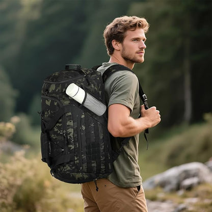 3-in-1 Tactical Gym & Travel Duffle Bag Backpack Men Multi-Functional 45L Military Sports Duffle Bag with Shoe Compartment & Wet Pocket for Workout Weekender Overnight Bag with Molle Webbing, Camo