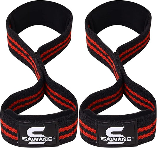 SAWANS Lifting Straps Padded Grip Figure 8 Wrist Straps Weight Heavy Duty Double Loop Bodybuilding Training Gym Straps Hand Bar Non Slip Deadlift Support Strong Cuffs Powerlifting