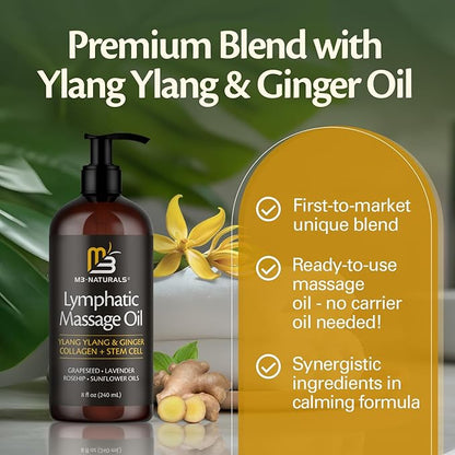 Lymphatic Massage Oil for Massage Therapy - Lymphatic Drainage Oil for Body Care Circulation & Detox Support with Ylang Ylang, Ginger, Lavender, Grapeseed, Vitamin E & Stem Cell (8 Fl Oz) by M3