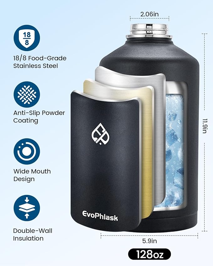 1 Gallon Water Bottle Insulated, Vacuum Stainless Steel Water Bottle Keep Cold 48Hrs, 128 oz Large Gallon Water Jug for Travel, Sport, Gym, Hiking with Carrier Bag, Black