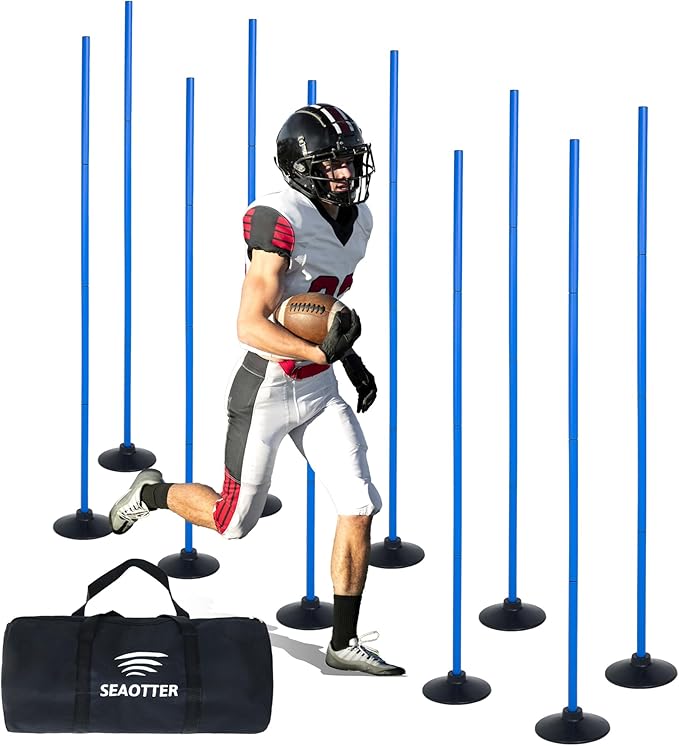 SEAOTTER Soccer Agility Poles Set, 4/6/10 Pcs 6ft Detachable Sports Trainning Speed Poles Slalom Poles with Rubber Base, Agility Training Equipment for Football, Rugby, Basketball, Indoor & Outdoor