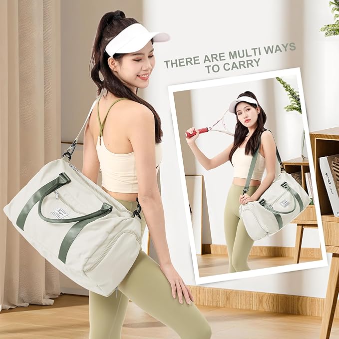 Gym Bags for Women Men with Shoes Compartment,Sports Duffle Bags Personal item travel Duffel Tote Bag Small Carry on Weekender Overnight Bag Workout Dance Bag Hospital Holdalls Beige Green