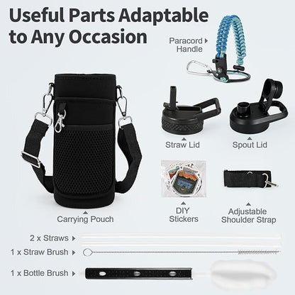 32 oz Insulated Water Bottle with Straw, Stainless Steel Triple Wall Vacuum Sports Water Jug, Leakproof Hydro Cup Flask with Paracord Handle & Straw Spout Lids & DIY Stickers