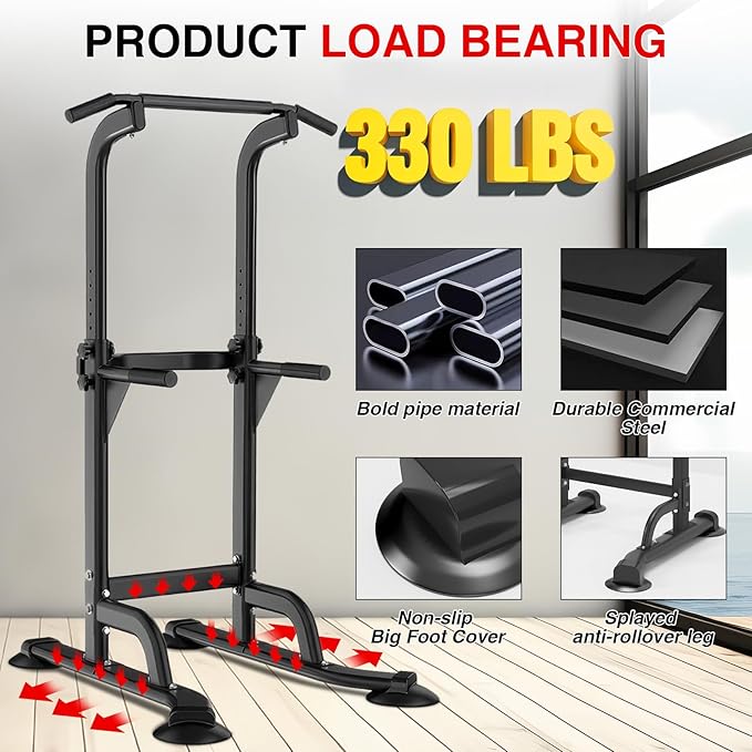 Freestanding Power Tower Pull Up & Dip Station for Home Gym, Adjustable Height Chin Up Bar with 300 Lb Capacity - Multifunctional Strength Training Equipment for Men, Women, Teens