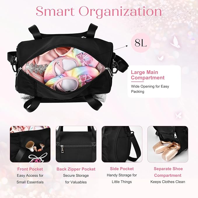 Dance Bag for girls, KUIRAN 8L Dance Duffel Bag with Separate Shoe Compartment Lightweight Water-resistant Sport Bag for Dance, Ballet, Gym, Travel - Black