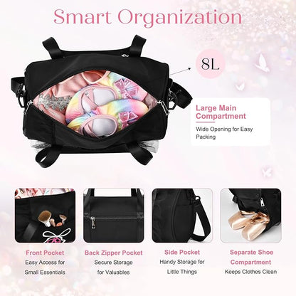 Dance Bag for girls, KUIRAN 8L Dance Duffel Bag with Separate Shoe Compartment Lightweight Water-resistant Sport Bag for Dance, Ballet, Gym, Travel - Black