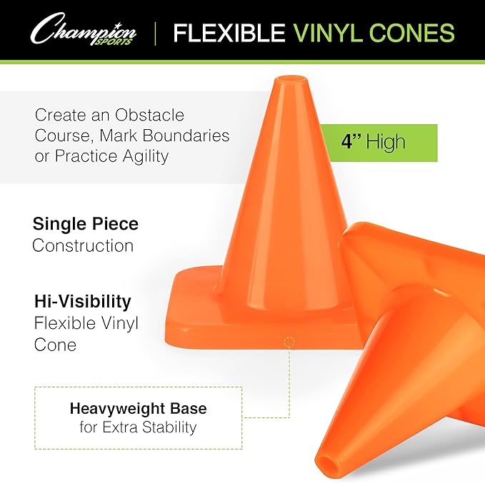 Champion Sports High Visibility Flexible Vinyl Cones for Sports Training, Agility Drills, Field & Gym Marking Sets