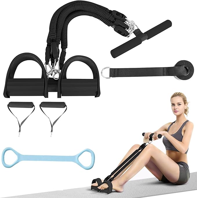 2025 Upgrade Pedal Resistance Band,4-Tube Elastic Sit Up Pull Rope for Men and Women,Pedal Puller for Strength Training,Foot Resistance Rope for Physical Therapy with 5Pcs Exercise Bands