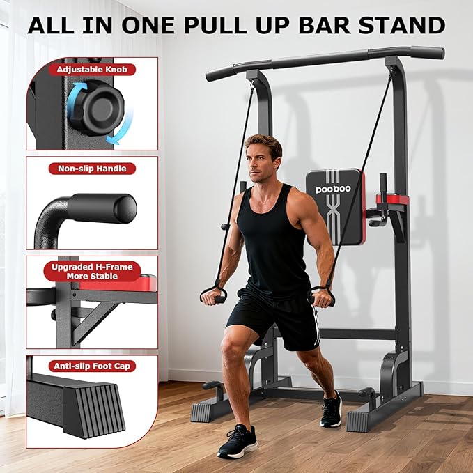 Power Tower Dip Station Pull Up Bar for Fitness Home Gym Workout,Multi-Function Adjustable Height Fitness Strength Training Exercise Equipment,with Power Elastic Ropes (Black S01)