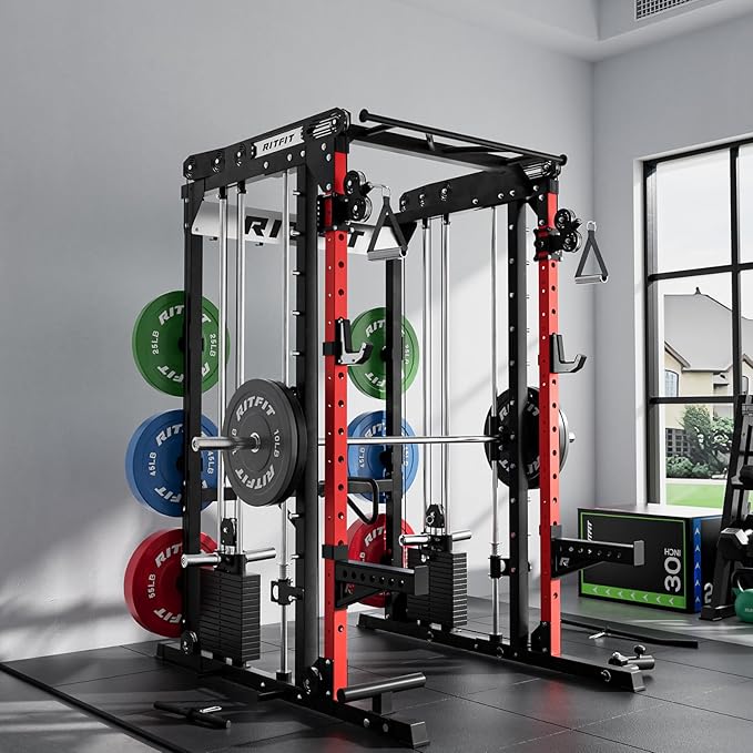 RitFit M2 Smith Machine with with Cable Crossover System, 3D Functional Trainer & Power Cage, 16 Adjustment Holes, 6 Storage Pegs for Full-Body Home Gym
