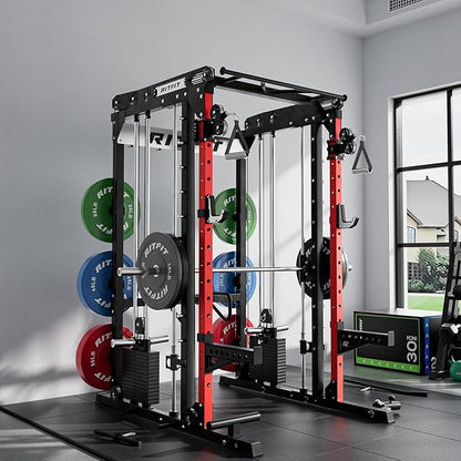 RitFit M2 Smith Machine with with Cable Crossover System, 3D Functional Trainer & Power Cage, 16 Adjustment Holes, 6 Storage Pegs for Full-Body Home Gym