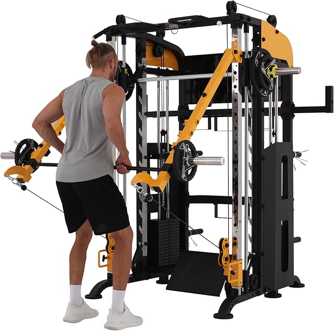 Altas Strength 3061B Smith Machine with Adjustable Lever Arms, 2:1 Pulley Ratio All-in-One Home Gym System, Commercial Grade Squat Rack with Dual 440lbs Weight Stacks & Attachment (Safe Solo Training)