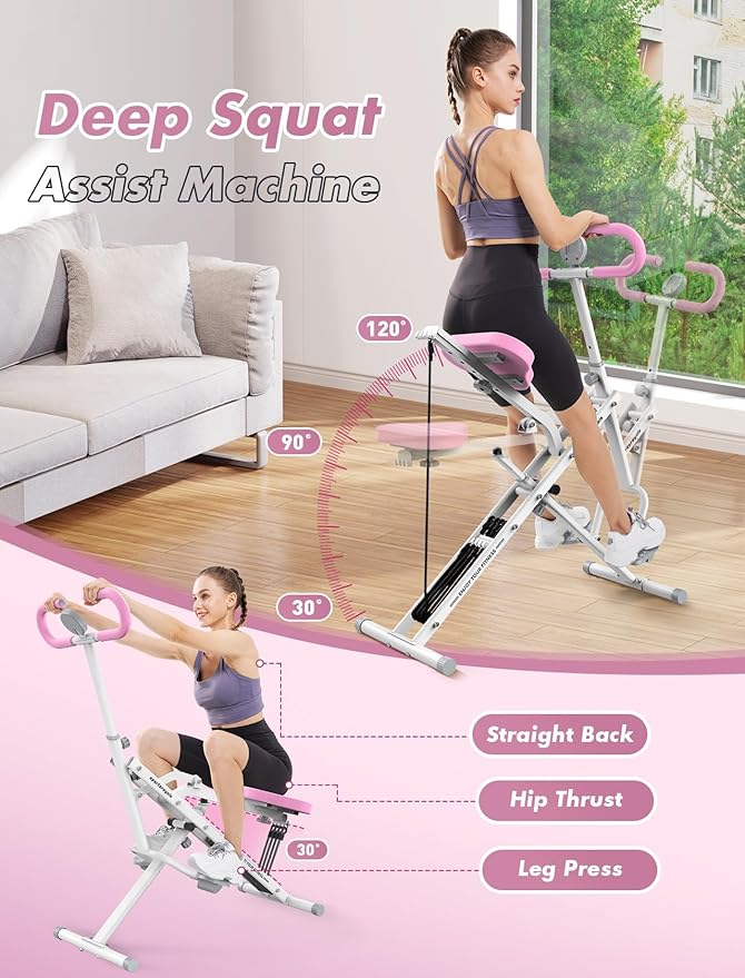 Sportsroyals Squat Machine, Squat Assist Rower for Glutes and Thighs, Foldable Exercise Equipment w/ Four Adjustable Resistance for Home, Full Body Workout Machine